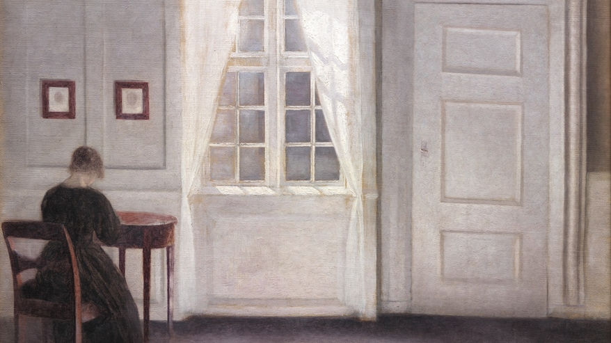 One of the artist's works: picture of room with litten by sunlight. On the left a woman sitting at a table, in a central part of the picture - a window with delicate white curtains, on the right - white door.