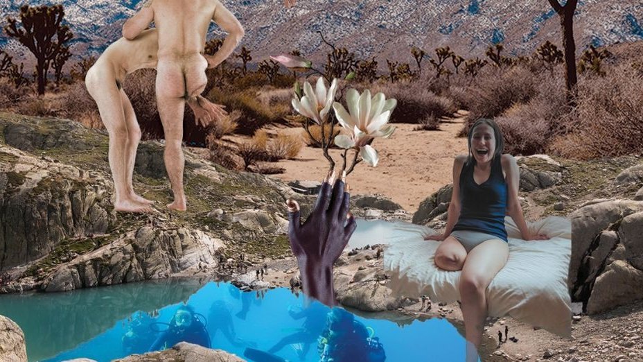 Collage by Magdalena Sobolska. It is kept in brown and blue colours. In the foreground there is a pond, on the right side of the painting sits a smiling girl without a leg, wearing only a T-shirt and panties. On the left side - naked male bodies. One man is without a leg.