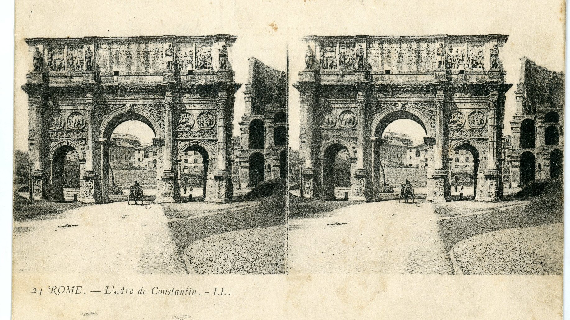 Black and white stereoscopic photograph of Arch of Constantine the Great and a vehicle passing under it.