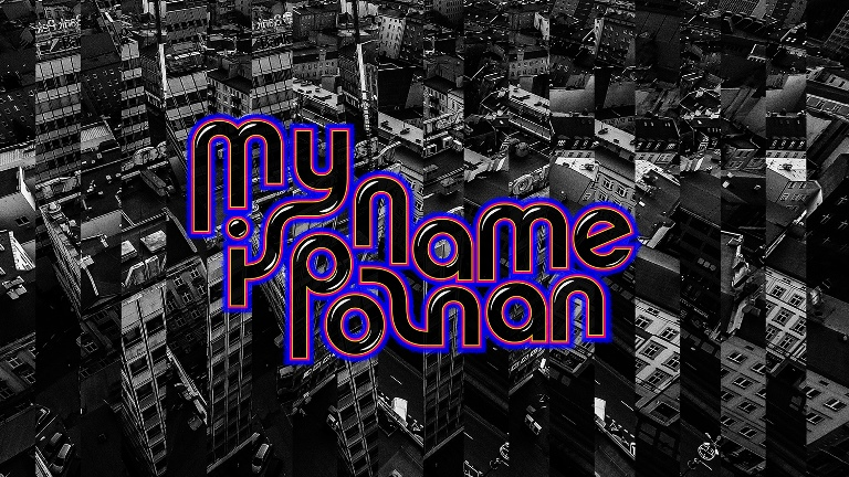 Black and white collage of city buildings and black-pink-violet title of the album in the middle of the picture.