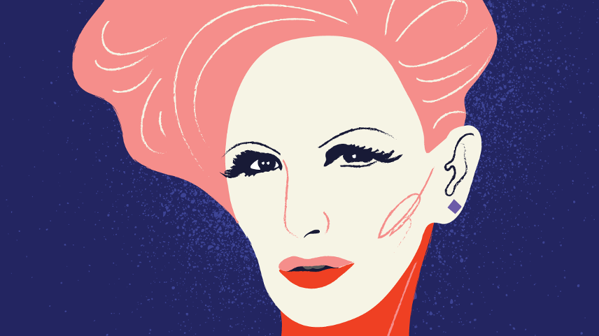 Festival poster - a drawing of a woman with pink hair on a violet background