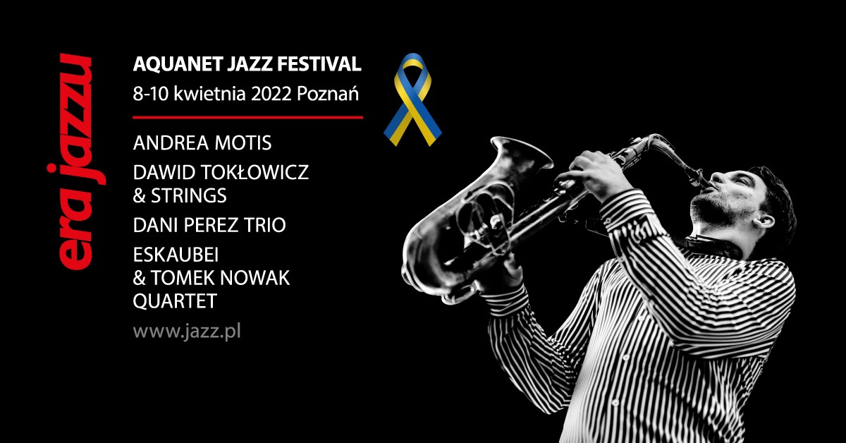 Festival poster - a man playing the saxophone and information about the festival on a black background - grafika artykułu