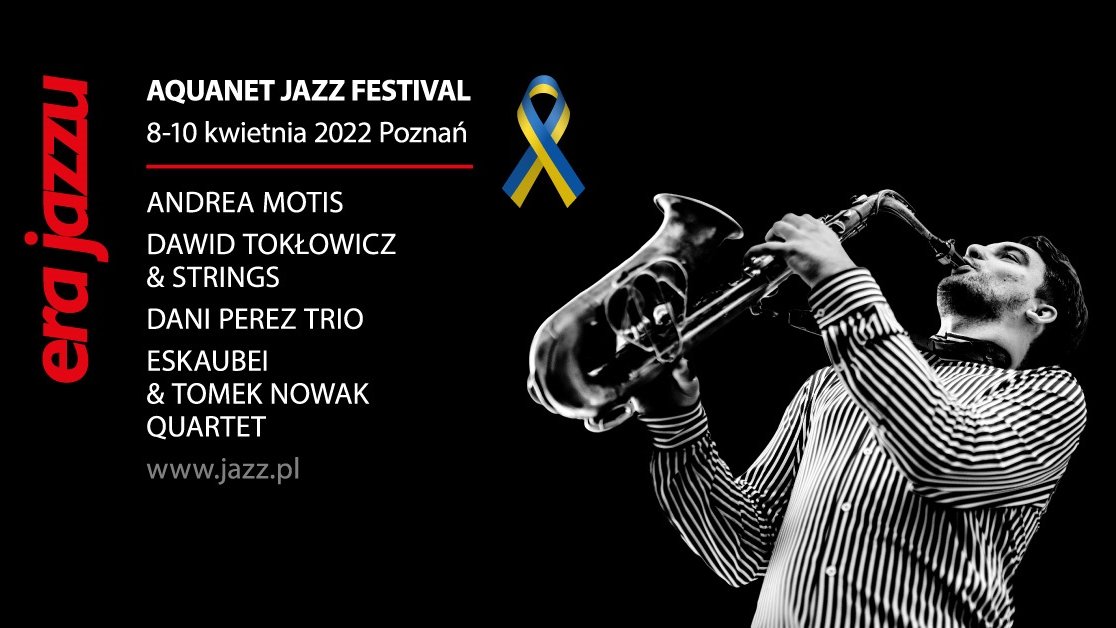 Festival poster - a man playing the saxophone and information about the festival on a black background