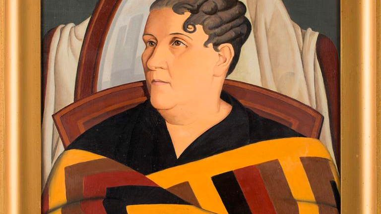 One of the exhibition works. Colourful portrait of a woman.