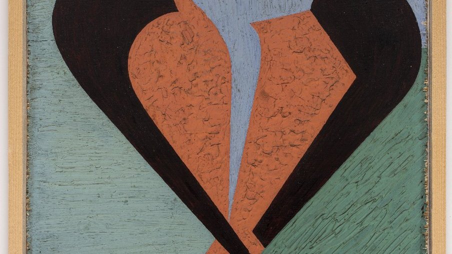 One of the exhibition works. An abstract picture in green, black, brown and blue colours.