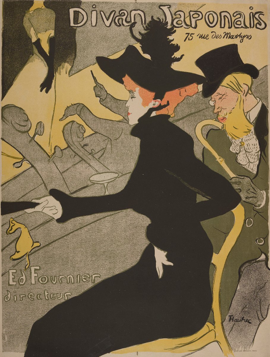 One of the exhibition works - a woman in black dress and black hat sitting on a chair; a man in a hat behind her. - grafika artykułu