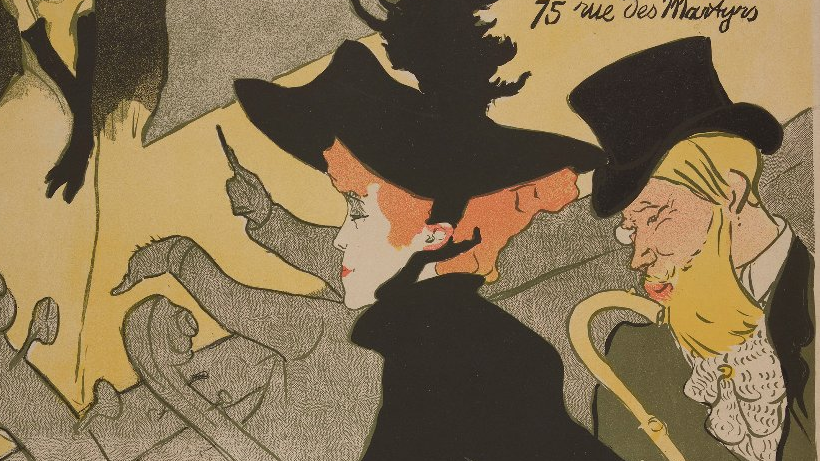 One of the exhibition works - a woman in black dress and black hat sitting on a chair; a man in a hat behind her. - grafika artykułu