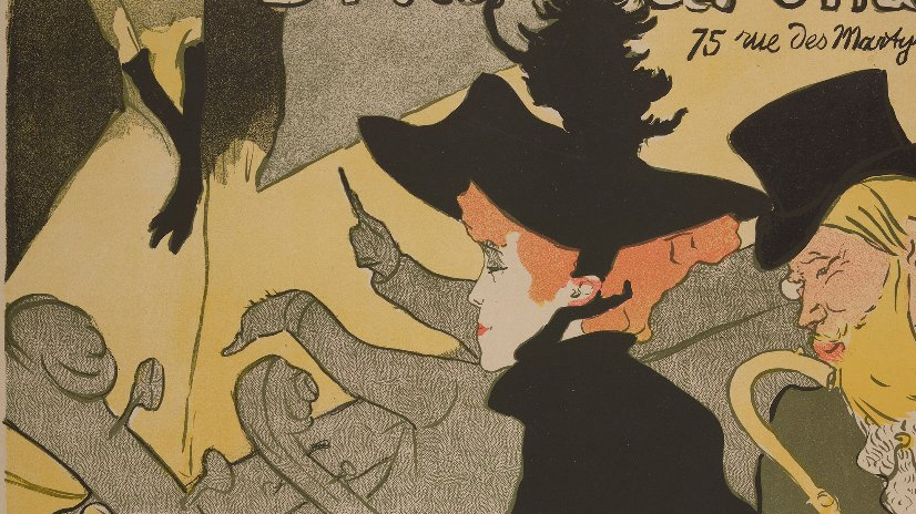 One of the exhibition works - a woman in black dress and black hat sitting on a chair; a man in a hat behind her.