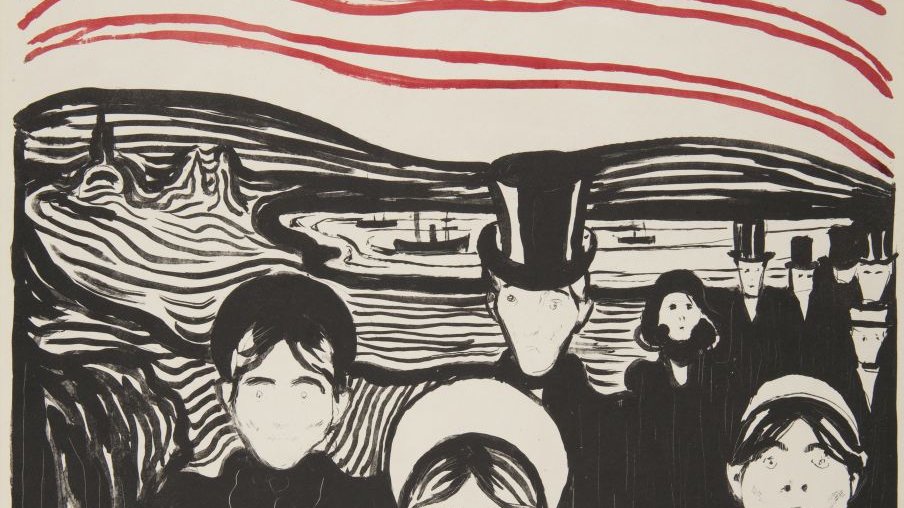 One of the exhibition works in black, white and red colours.