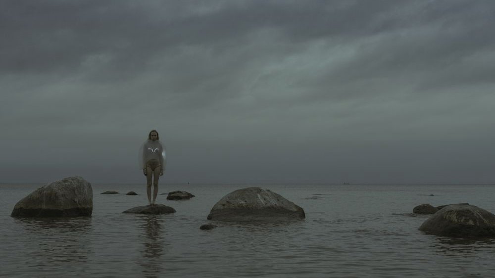 One of the exhibition works - a woman standing on a stone emerging from water. - grafika artykułu