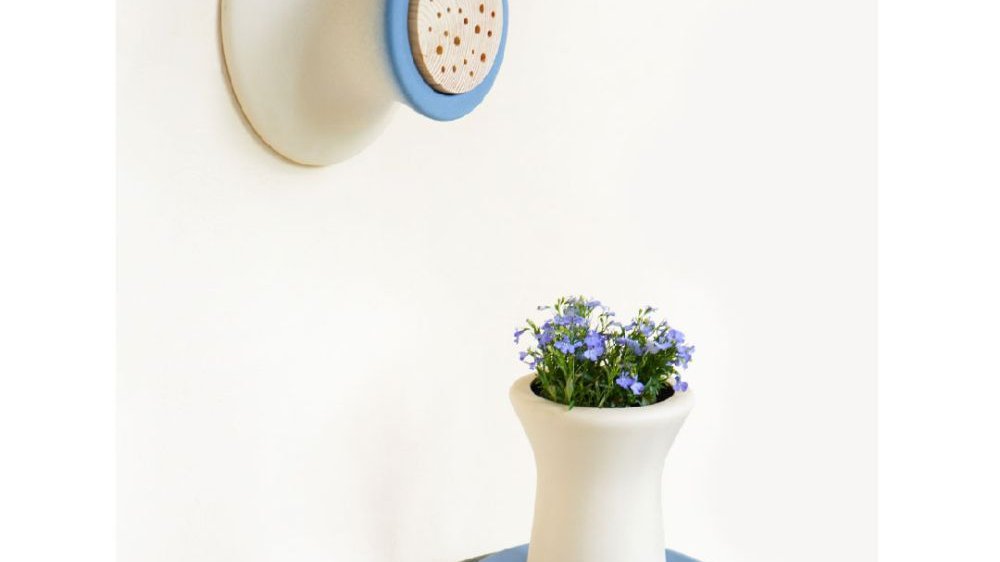 One of the exhibition works - two objects, one of them in a shape of a small vase with blue flowers.