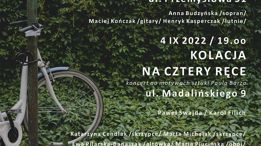 Events poster - information about te concerts and a bicycle on the left. Green leaves as a background. - grafika artykułu