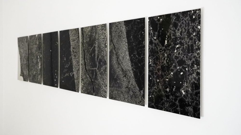 Seven abstract pictures in black and white colours on a wall.