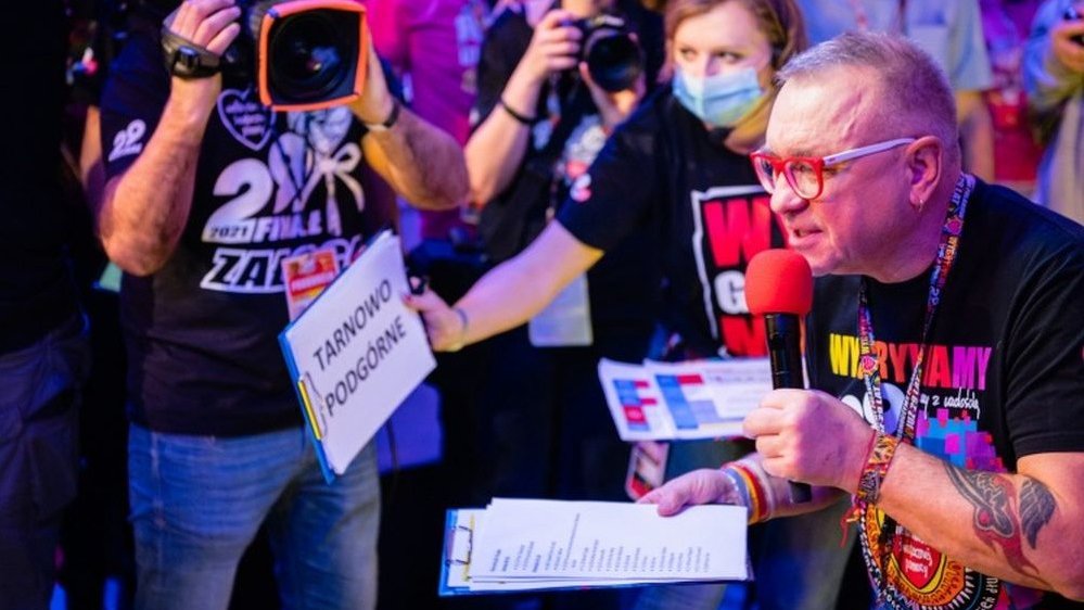 Photo of Jurek Owsiak with a microphone in his hand. In the background some people, including a man with a film camera. - grafika artykułu