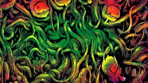 An abstract drawing showing numerous lines in red, green and yellow colours.