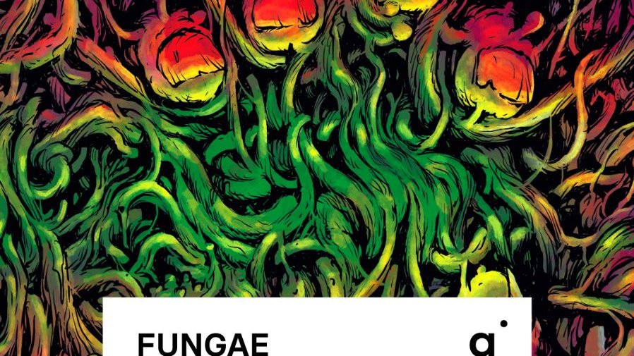 An abstract drawing showing numerous lines in red, green and yellow colours and information about the exhibition.