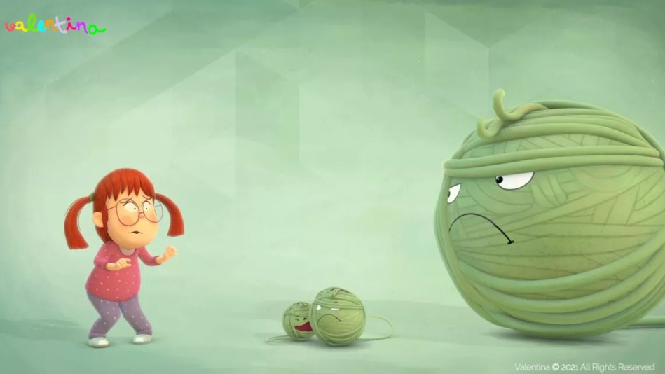 Drawing of a girl, who looks frightened and who stands opposite a big green ball resembling a ball of wool with a sad facial expression. Between a girl and a big ball two small green balls.