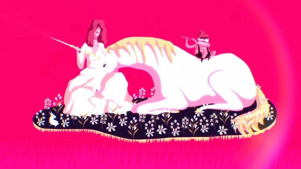 Drawing of a white unicorn lying next to a white-dressed woman. The woman is holding the unicorn's horn. A creature resembling a gnom, playing the flute is sitting on the unicorn's back. Pink background.