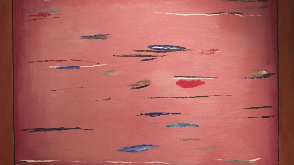 A red picture in a frame, short, colored lines on it, resembling wounds.