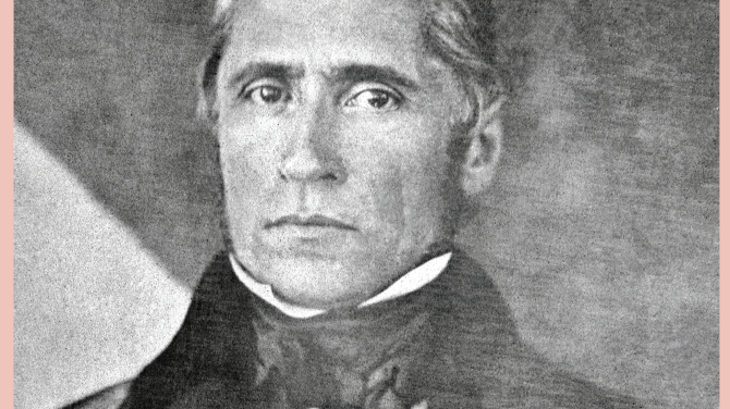 Exhibition poster: black and white photo of Paweł Edmund Strzelecki. Under the photo information about the exhibition on pale pink background.