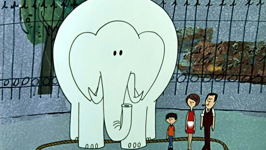 The drawing shows an elephant and three people standing next to it (a boy, a woman and a man). Behind them there is a fence, a tree and a piece of rock.