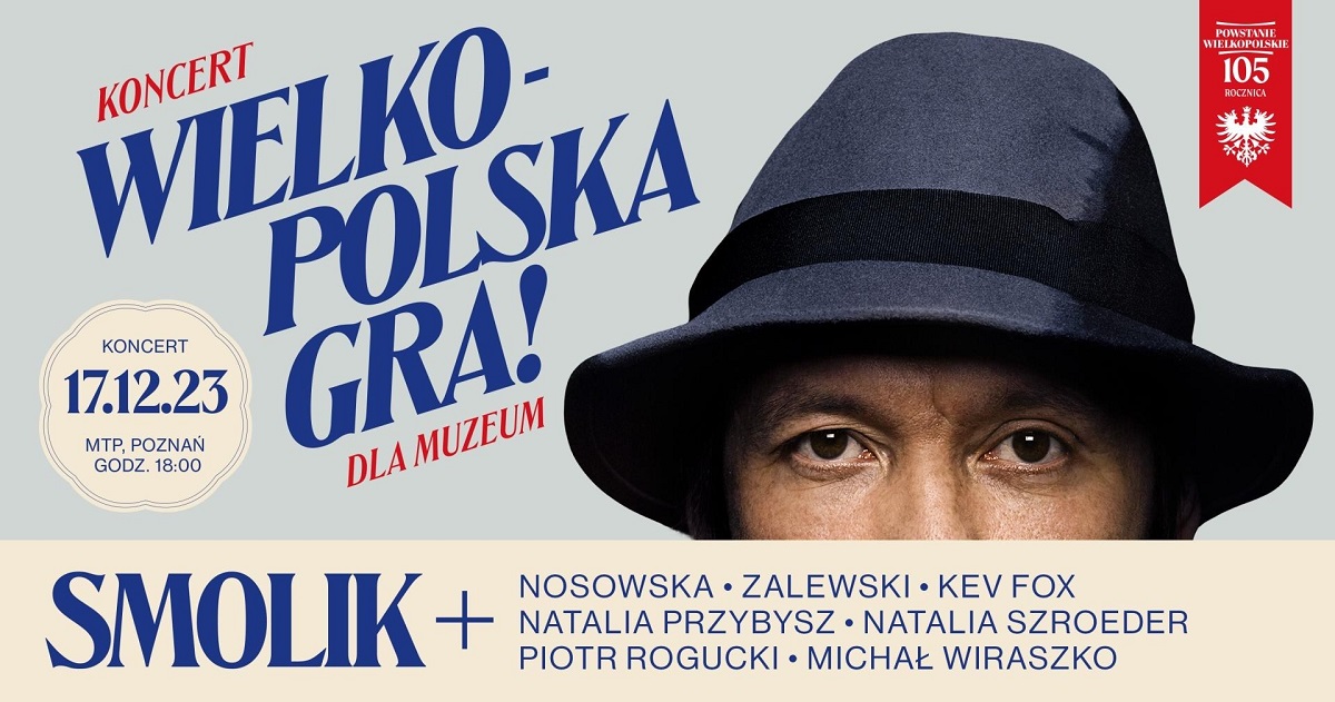 Concert poster: information about the event (title, date, names of the performers) and photo of a half of a man's face in a dark blue hat. - grafika artykułu
