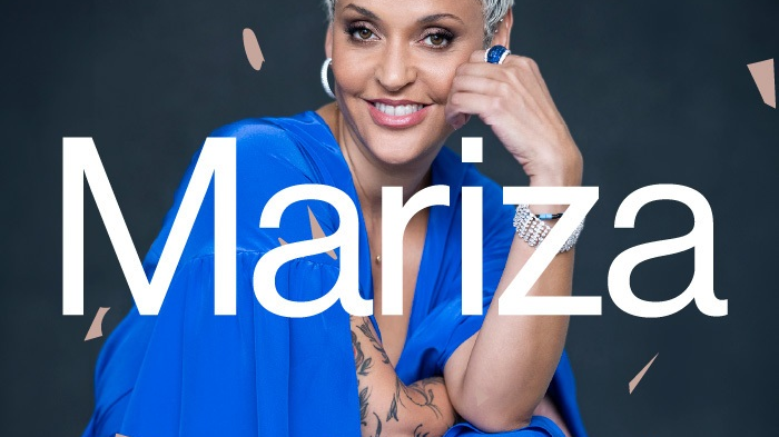 Photo of smiling Mariza in blue dressand information about the event.