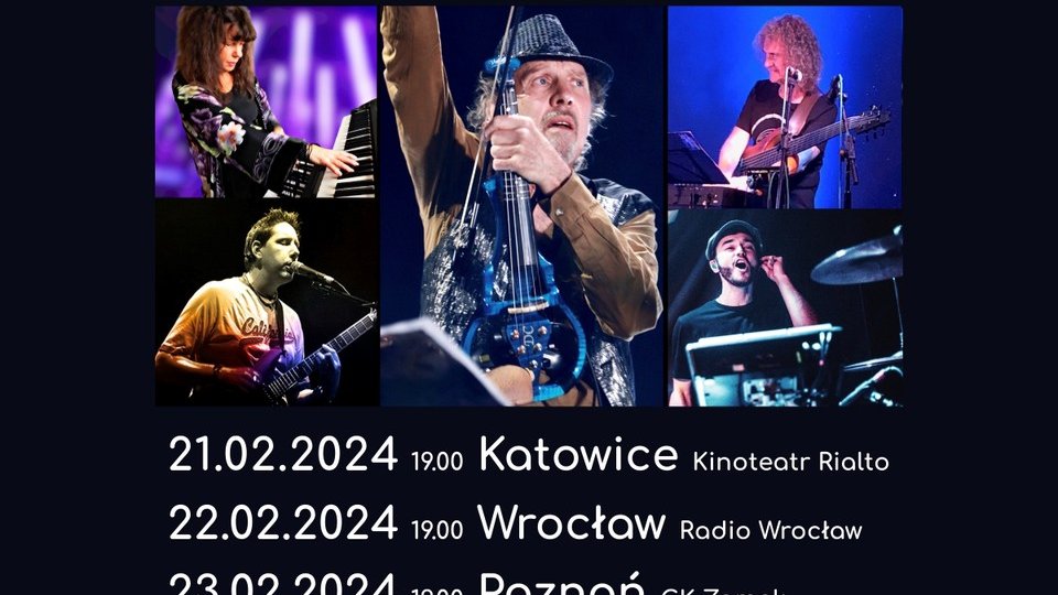 Concert poster: five separate photos of David Cross Band musicians and information about the concert tour.