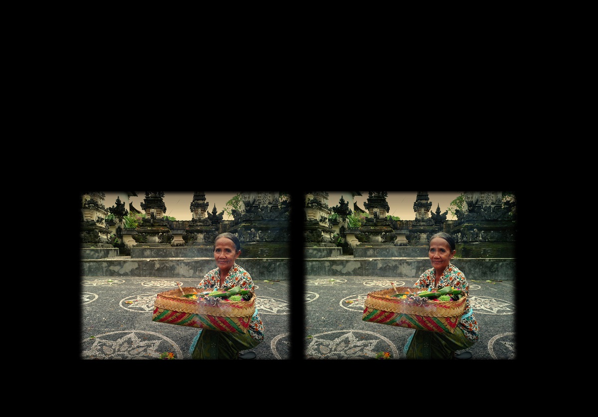 Stereophotograph of a woman carrying a colourful basket with flowers. A stony monument as a background. - grafika artykułu