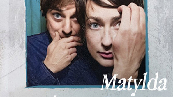 Photo of a young woman and a young man's faces, the woman is touching her hair and the man is touching his mouth.