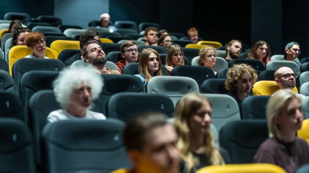 The audience is sitting in the cinema, we can see their faces. Some seats are empty.