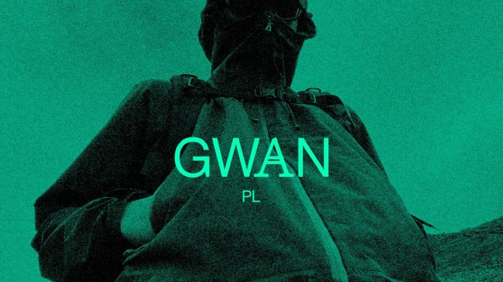 .Photo in grey and green: a person in a sweatshirt, with his face covered, keeps his hands in his pockets. In the middle of the photo a green inscription "Gwan".