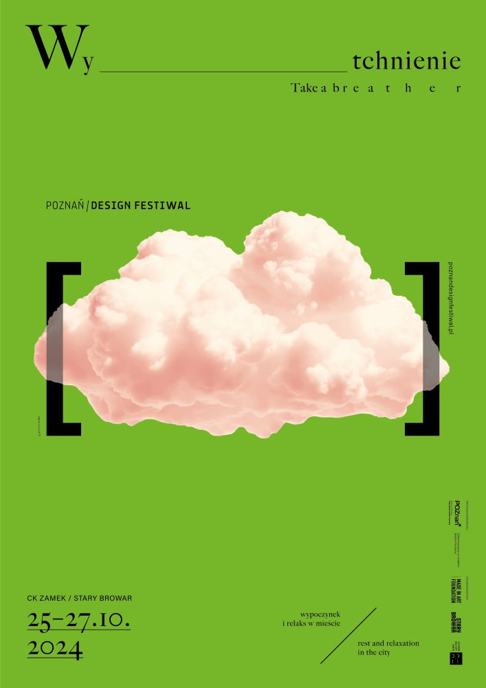 Festival poster: a cloud in square brackets and information about the event. Green background. - grafika artykułu