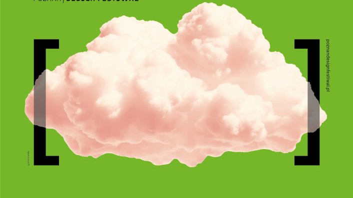 Festival poster: a cloud in square brackets and information about the event. Green background.