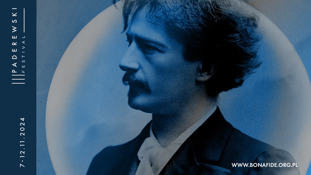 Festival poster in blue colours: picture of Ignacy Jan Paderewski and information about the event. - grafika artykułu