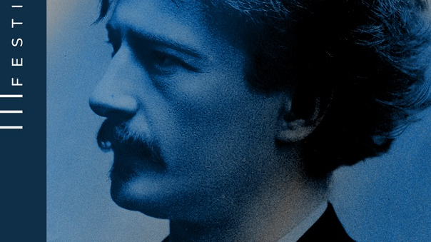 Festival poster in blue colours: picture of Ignacy Jan Paderewski and information about the event.