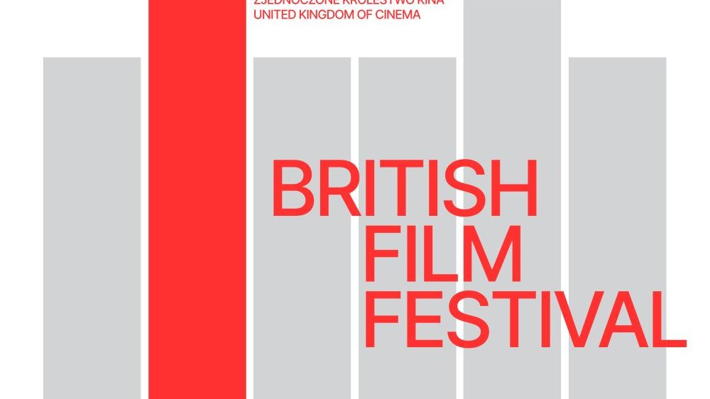 White, red and grey festival poster. The dominant motif is vertical stripes.