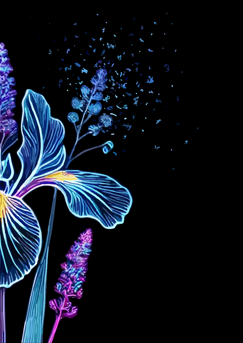 On black background on the left the drawing of flowers in blue colours. - grafika artykułu