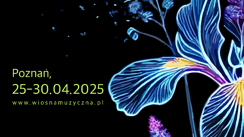 Festival poster: on black background on the right drawing of flowers in blue colours. On the left information about the event.