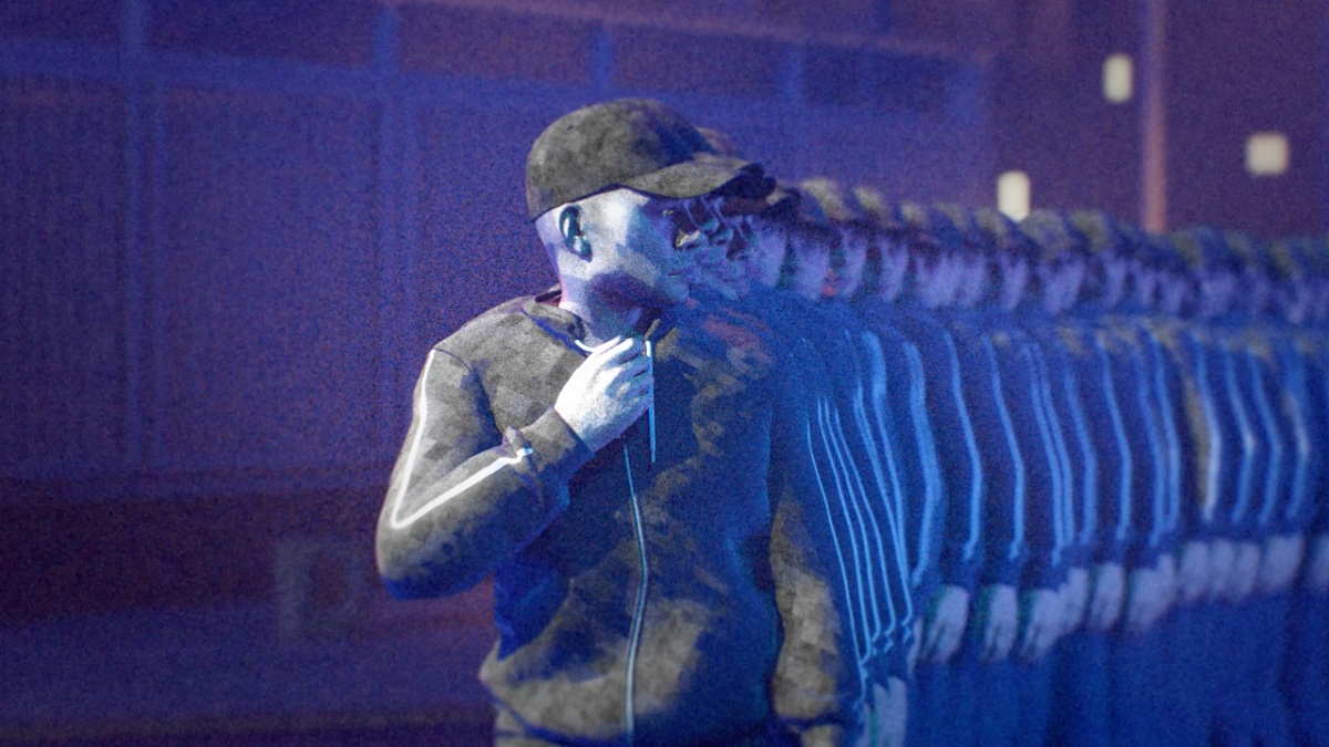 Multiplied copies of a young man in a sweatshirt and a cap. Photo in blue colours. - grafika artykułu