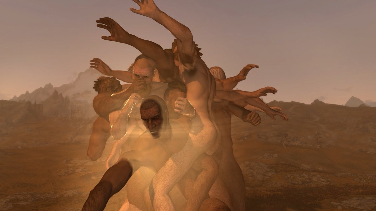 Naked figures of men, joint with each other, in various poses.