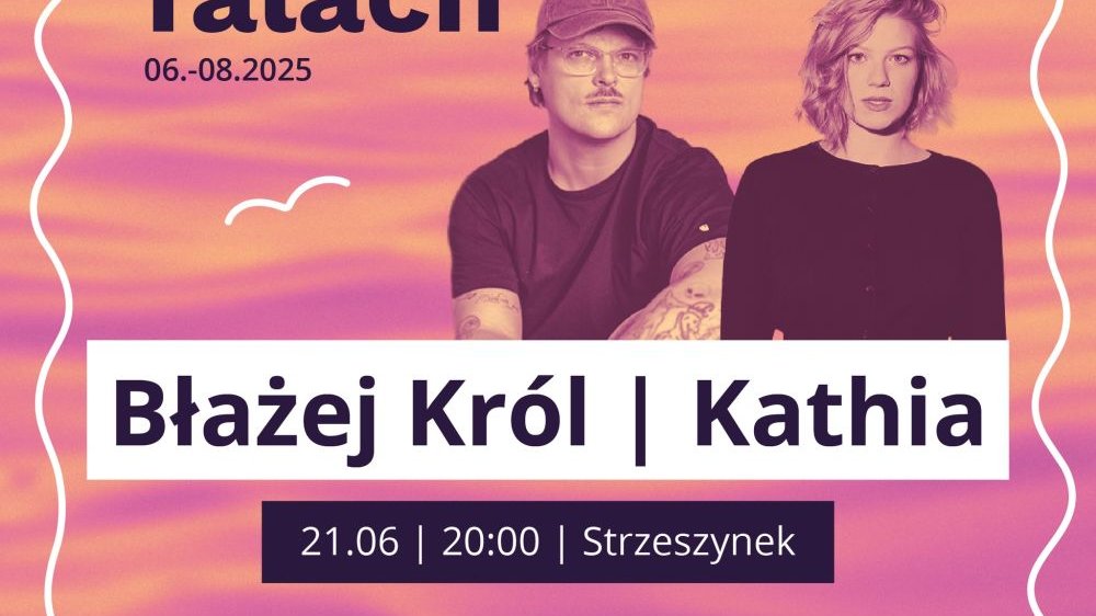 Pastel pink poster. In the middle, the male singer in a black T-shirt and a baseball cap, and the female singer in a black blouse and fair, wavy hair.