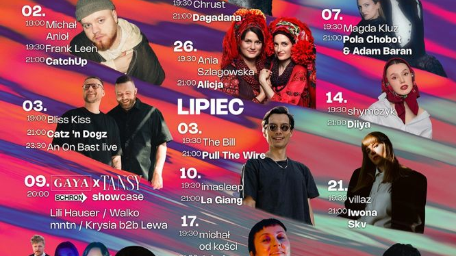 A colorful poster featuring images of the artists who will perform in the series of concerts.