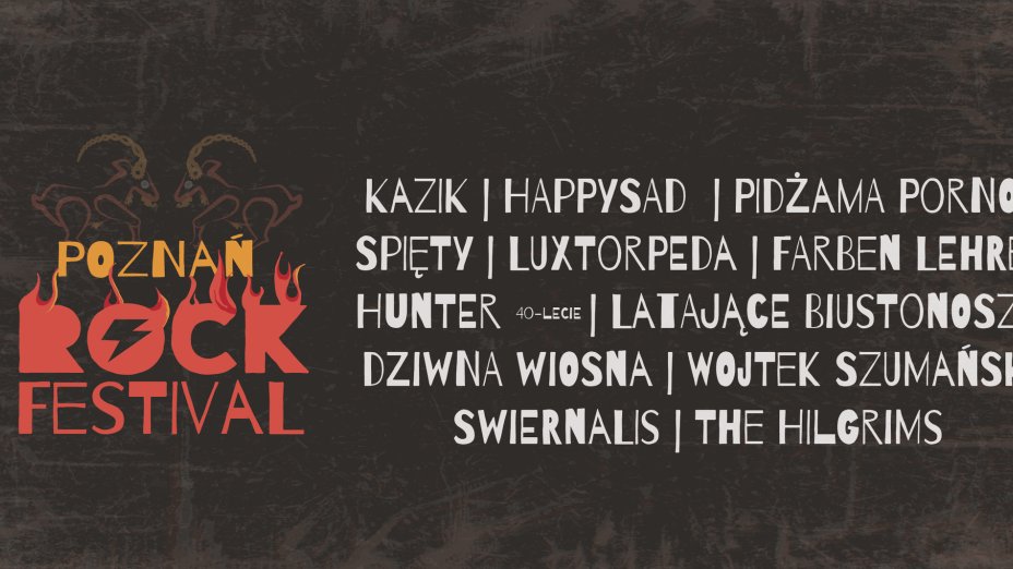 Poster in black, on the left the logo in flaming red and orange colors, on the right, in white font, listed artists.