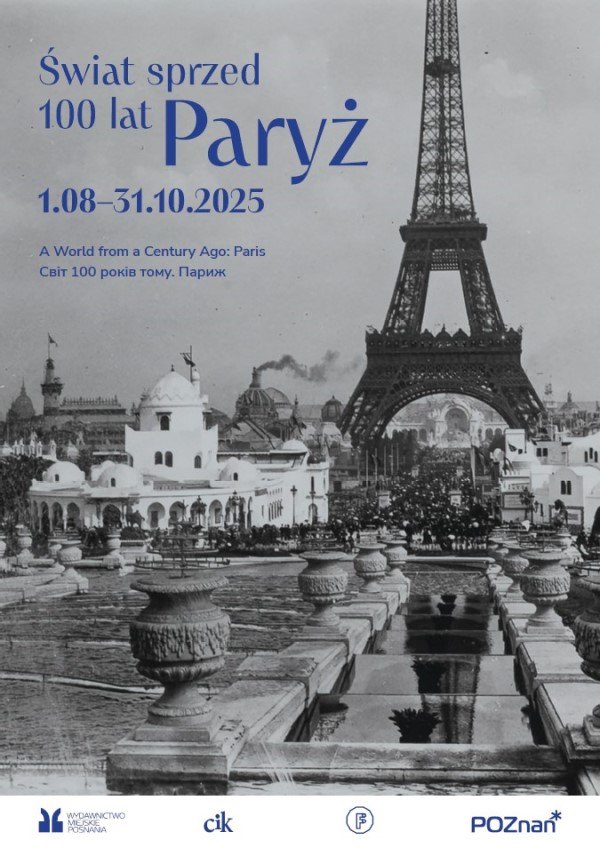 Black and white photo of the Eiffel Tower and other buildings, with information about the exhibition on the left. - grafika artykułu