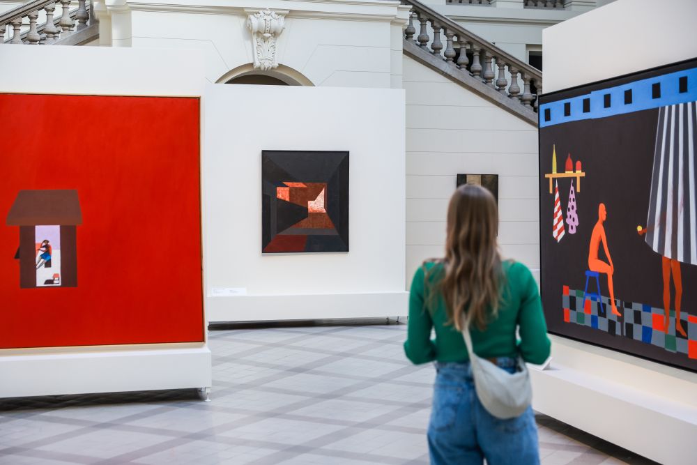 The girl looks at the exhibition, standing with her back to the camera. - grafika artykułu