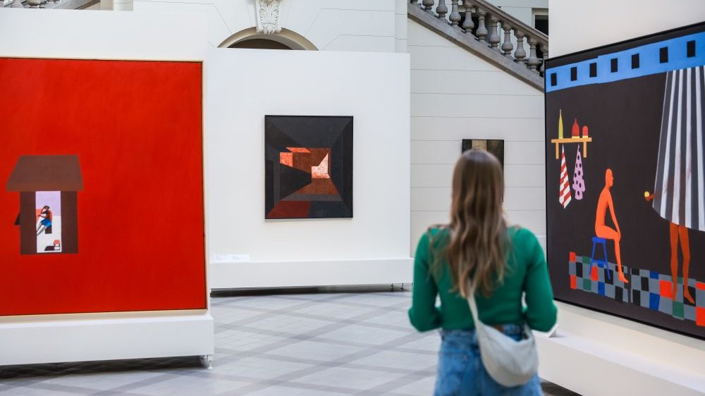 The girl looks at the exhibition, standing with her back to the camera.