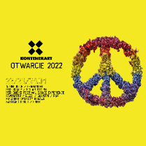 Event poster - colourful peace sign on yellow background and information about the event