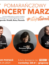 Concert poster with photos of performers and information about the event. THe poster in white, orange and black colours.