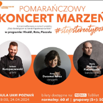 Concert poster with photos of performers and information about the event. THe poster in white, orange and black colours.